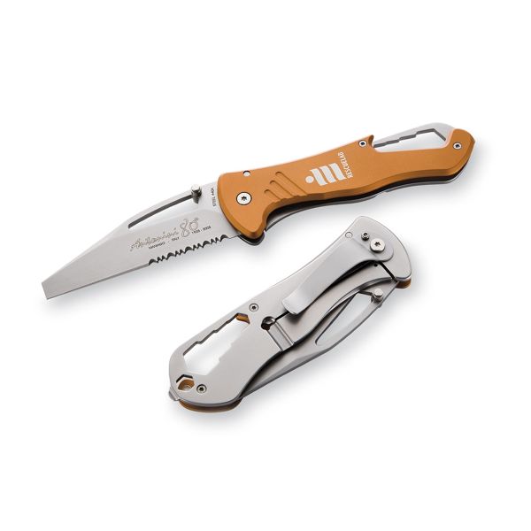 FOLD. KNIFE, 80+ Series, ORG ALUMINUM hdl, S/S COMBO bld MICRO-BEAD PEENED, RETAIL pkg