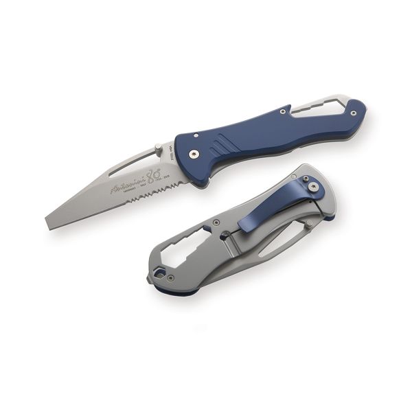 FOLD. KNIFE, 80+ Series, BLU ALUMINUM hdl, S/S COMBO bld MICRO-BEAD PEENED, RETAIL pkg