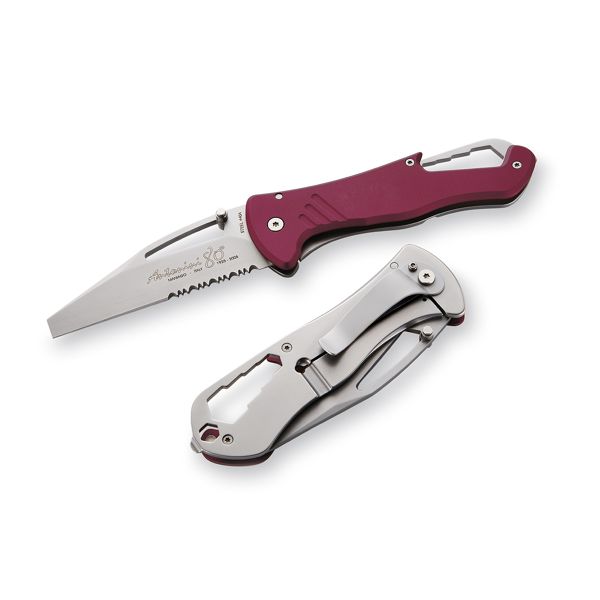 FOLD. KNIFE, 80+ Series, RED ALUMINUM hdl, S/S COMBO bld MICRO-BEAD PEENED, RETAIL pkg