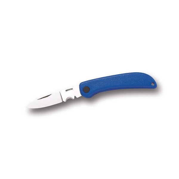 FOLD. KNIFE ELECTRICIAN OHM LINE, BLU PLASTIC hdl, S/S bld, w/2 WIRE-SCRAPER ROUND-TRIANGLE, BULK pkg