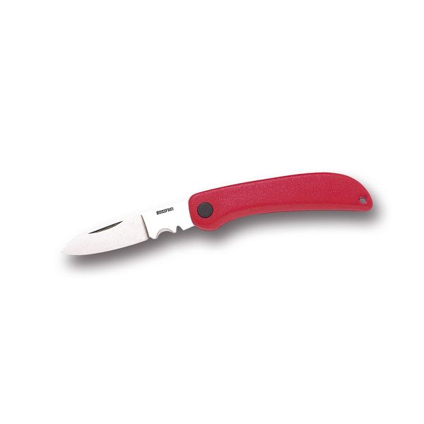 FOLD. KNIFE ELECTRICIAN OHM LINE, RED PLASTIC hdl, S/S bld, w/2 WIRE-SCRAPER ROUND-TRIANGLE, BULK pkg