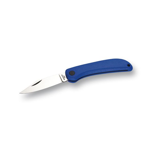 FOLD. KNIFE ELECTRICIAN OHM LINE, BLU PLASTIC hdl, S/S CLIP-POINTED bld, w/o WIRE-SCRAPER, BULK pkg