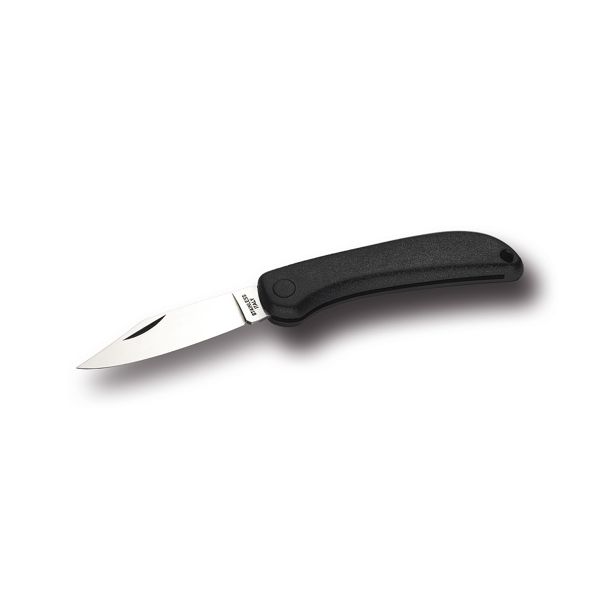 FOLD. KNIFE ELECTRICIAN OHM LINE, BLK PLASTIC hdl, S/S CLIP-POINTED bld, w/o WIRE-SCRAPER, BULK pkg