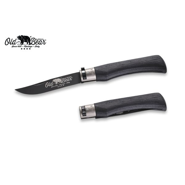 FOLD. KNIFE OLD BEAR TOTAL BLACK LAMINATED hdl, S/S BLACK PTFE bld, CM 21 (L), RETAIL pkg