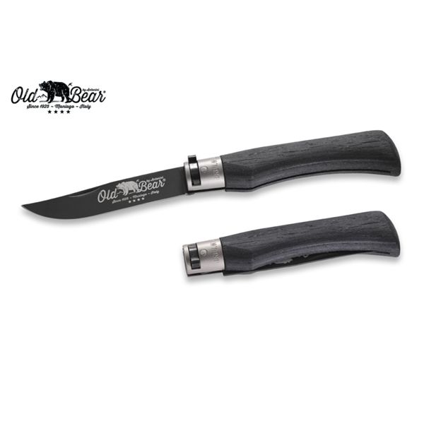 FOLD. KNIFE OLD BEAR TOTAL BLACK LAMINATED hdl, S/S BLACK PTFE bld, CM 23 (XL), RETAIL pkg