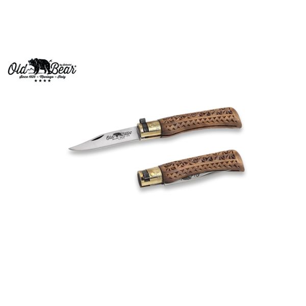 FOLD. KNIFE OLD BEAR CLASSIC, CARVED WALNUT hdl, C/S bld, CM 15 (XS), RETAIL pkg