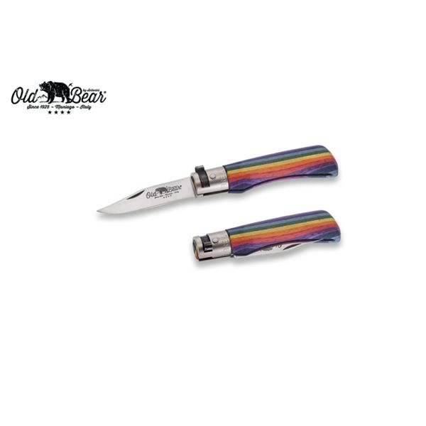 FOLD. KNIFE OLD BEAR RAINBOW, LAMINATED hdl, S/S bld, CM 15 (XS), RETAIL pkg