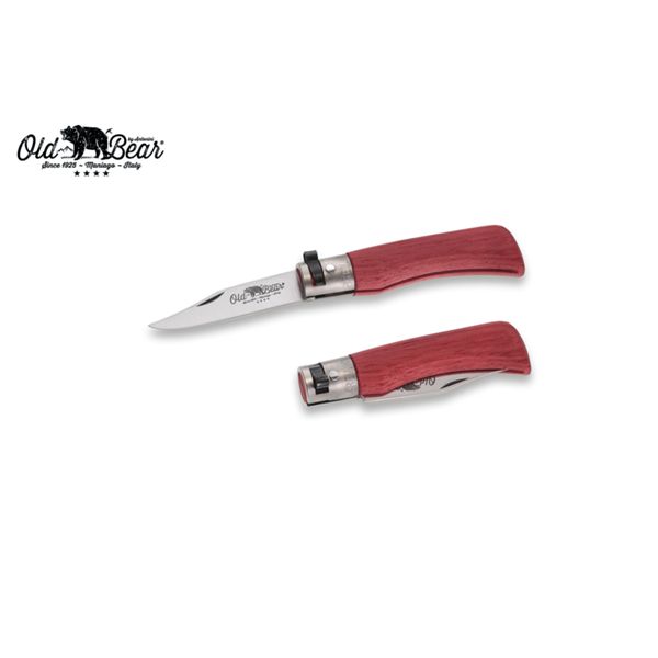 FOLD. KNIFE OLD BEAR FULL COLOR, LAMINATED RED hdl, S/S bld, CM 15 (XS), RETAIL pkg