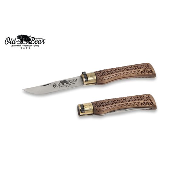 FOLD. KNIFE OLD BEAR CLASSIC, CARVED WALNUT hdl, C/S bld, CM 19 (M), RETAIL pkg