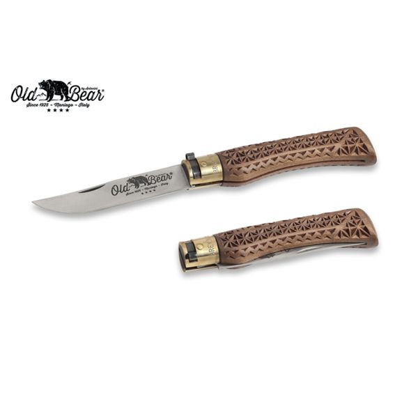 FOLD. KNIFE OLD BEAR CLASSIC, CARVED WALNUT hdl, C/S bld, CM 21 (L), RETAIL pkg