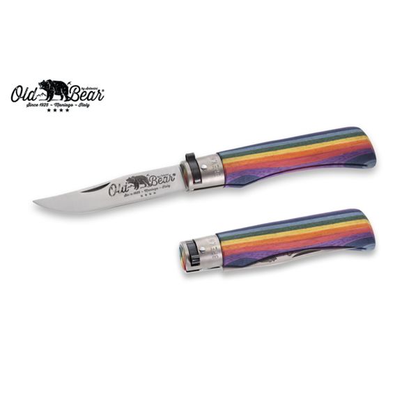 FOLD. KNIFE OLD BEAR RAINBOW, LAMINATED hdl, S/S bld, CM 21 (L), RETAIL pkg