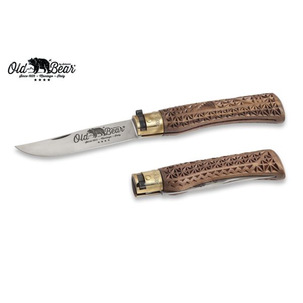 FOLD. KNIFE OLD BEAR CLASSIC, CARVED WALNUT hdl, C/S bld, CM 23 (XL), RETAIL pkg