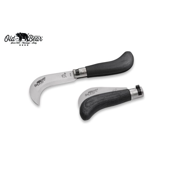 FOLD. KNIFE OLD BEAR PRUNING, BLACK LAMINATED hdl, S/S BLACK PTFE bld, CM 19 (M), RETAIL pkg