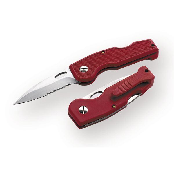 FOLD. KNIFE, FRIEND Series, RED PLASTIC hdl +CLIP, S/S COMBO bld MICRO-BEAD PEENED, RETAIL pkg