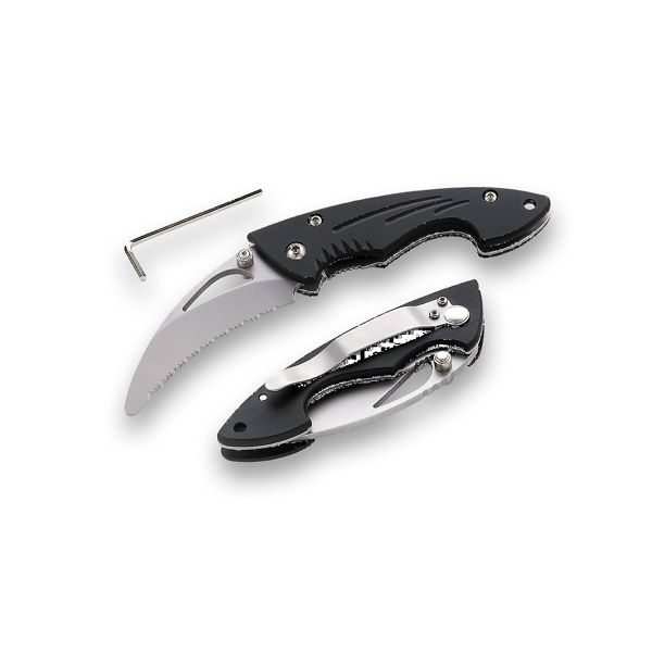 FOLD. KNIFE, IAETI RQE, BLK ALUMINUM hdl, S/S SERRATED bld MICRO-BEAD PEENED, RETAIL pkg