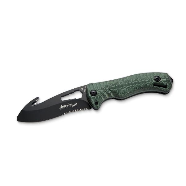 MAMBA KNIFE, MICARTA hdl, S/S BLACK PTFE bld w/SEAT BELT CUTTER, RETAIL pkg