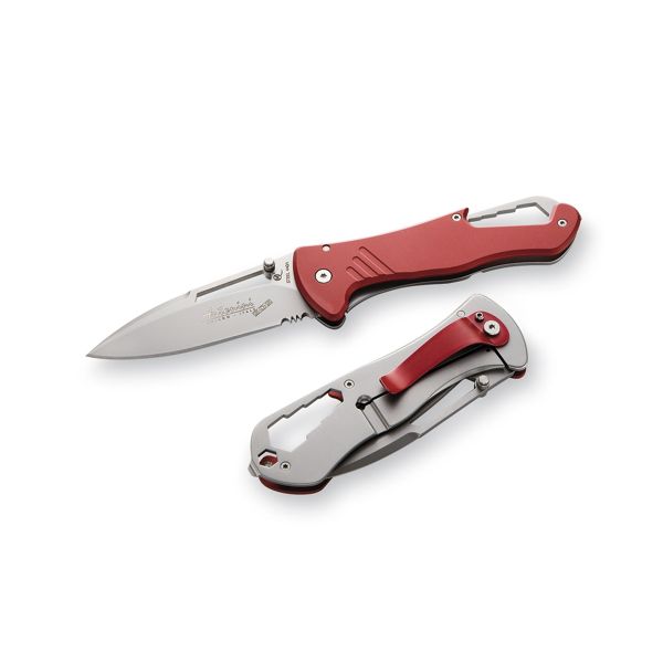 FOLD. KNIFE, NARMADA Series, RED ALUMINUM hdl, S/S COMBO bld MICRO-BEAD PEENED, RETAIL pkg