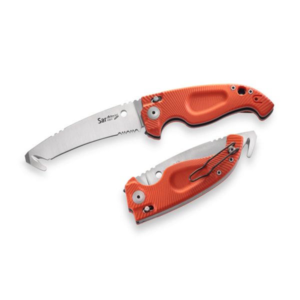 FOLD. KNIFE, RESeT Series, ORG G10 hdl, w/O.C.S., S/S NITRO-B bld w/SEAT BELT CUTTER, RETAIL pkg