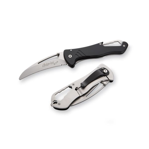 FOLD. KNIFE, SI+ Series, BLK ALUMINUM hdl, S/S COMBO bld MICRO-BEAD PEENED, RETAIL pkg