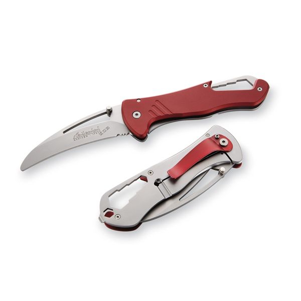 FOLD. KNIFE, SI+ Series, RED ALUMINUM hdl, S/S COMBO bld MICRO-BEAD PEENED, RETAIL pkg