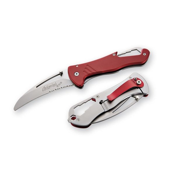 FOLD. KNIFE, SI+ Series, RED ALUMINUM hdl, S/S COMBO bld MICRO-BEAD PEENED, RETAIL pkg