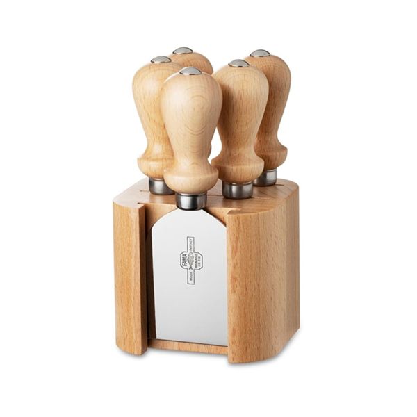 CHEESE LINE Small BEECH wood block, 5pcs S/S Cheese knives Set BEECH wood hdl In gift box (w/Logo)