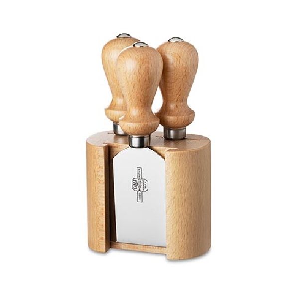 CHEESE LINE Small BEECH wood block, 3pcs S/S Cheese knives Set BEECH wood hdl In gift box (w/Logo)