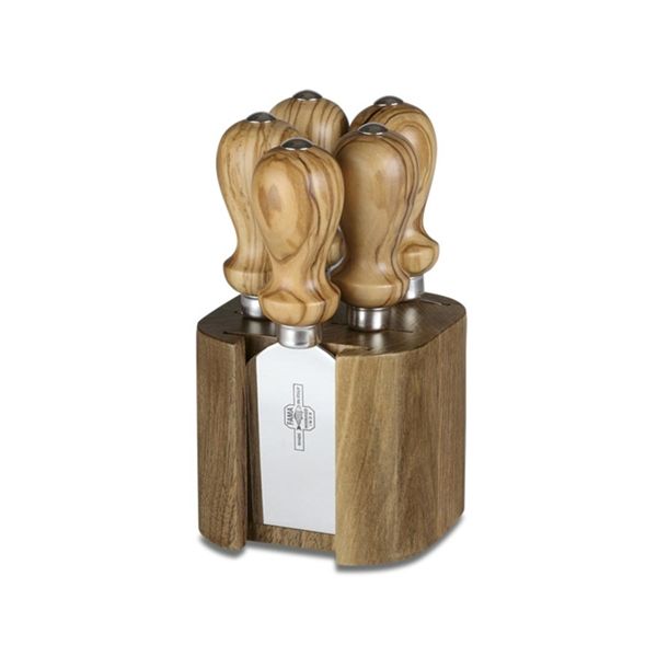 CHEESE LINE Small WALNUT wood block, 5pcs S/S Cheese knives Set OLIVE wood hdl In gift box (w/Logo)