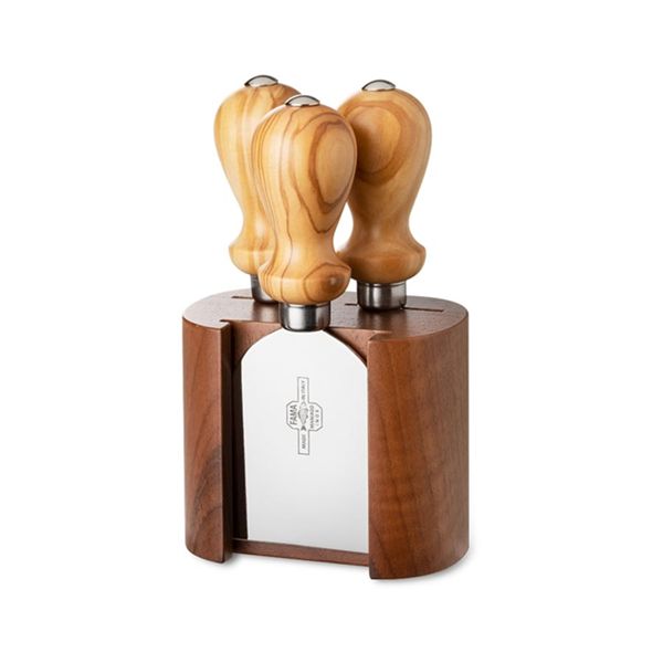 CHEESE LINE Small WALNUT wood block, 3pcs S/S Cheese knives Set OLIVE wood hdl In gift box (w/Logo)