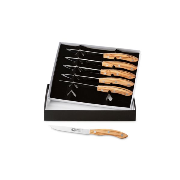 ONDA LINE 6 pcs Steak knives Onda line Set S/S bld OLIVE wood hdl In black gift box