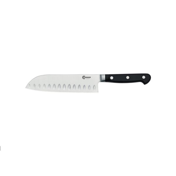 CCM – FORGED SANTOKU KNIFE WITH SCALLOPS, BLACK POM hdl