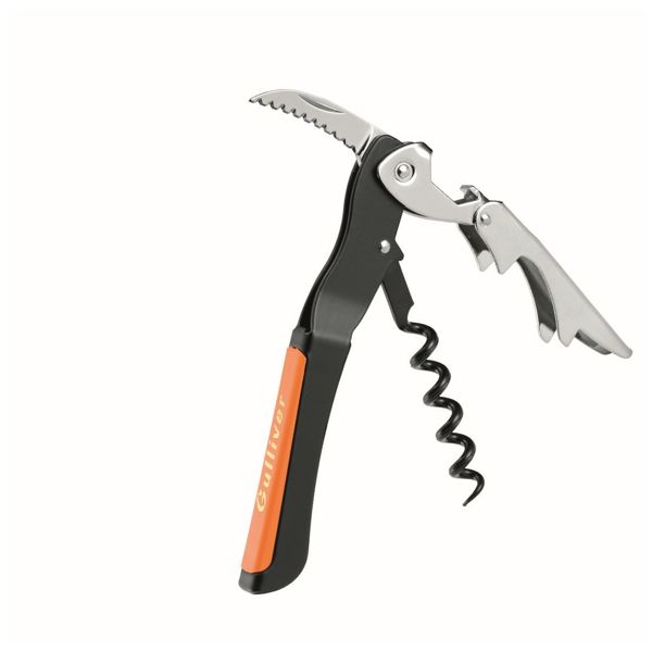 FARFALLI CORKSCREW GULLIVER, BLK C/S hdl + PLASTIC ORANGE C/S LEVERS-BLADE-SPIRAL +SPIRAL BLK TEFLON COATING, BULK pkg