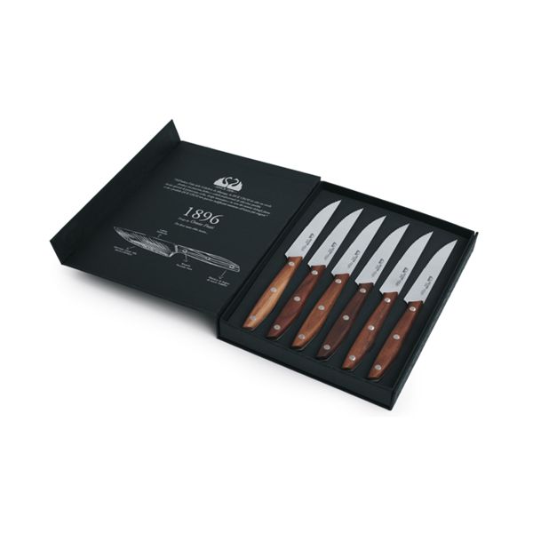 DUE CIGNI 1896 LINE SET 6 pcs STEAK KNIVES - SERRATED S/S 4116 - hdl WALNUT