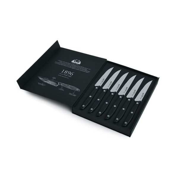 DUE CIGNI 1896 LINE SET 6 pcs STEAK KNIVES - SERRATED S/S 4116 - hdl BLACK POM