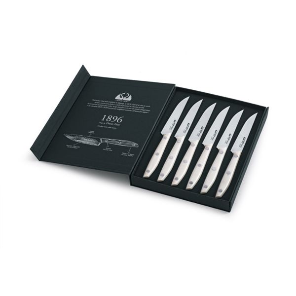 DUE CIGNI 1896 LINE SET 6 pcs STEAK KNIVES - S/S 4116 - hdl WHITE POM