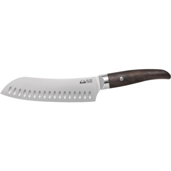 FOX/DUE CIGNI COQUUS SANTOKU KNIFE 18cm/7"-STAINLESS STEEL 4116, SMOKED OAK NATURAL WOOD hdl