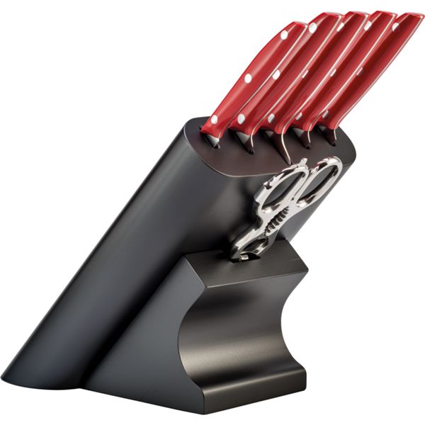 DUE CIGNI 1896 LINE WENGE KNIFE BLOCK 5 pcs + KITCHEN SHEARS - SLIM SERIES RED