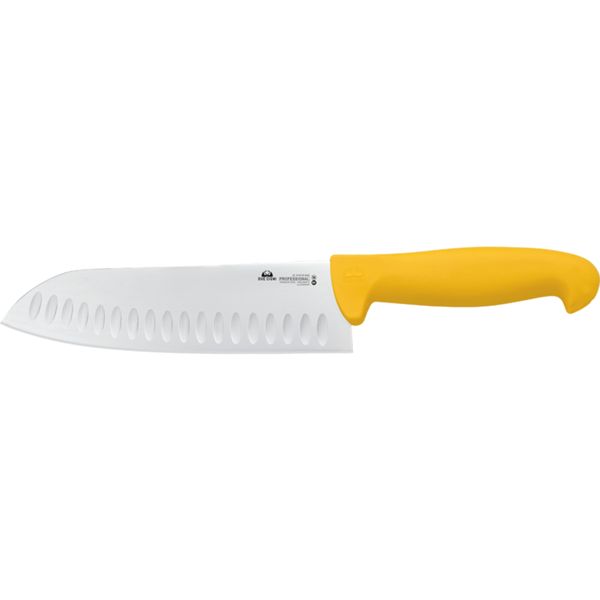 DUE CIGNI SANTOKU WITH SCALLOPS - hdl YELLOW NYLON - NITROGEN STEEL, POLISHED BLADE