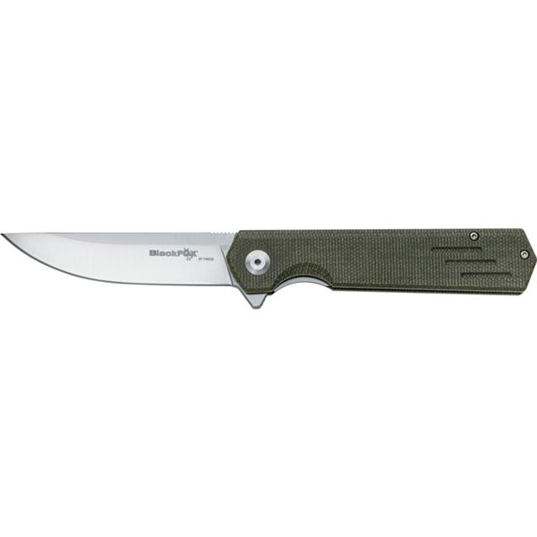 BLACK FOX REVOLVER FOLD. KNIFE, D2 SATIN bld, OD GREEN CANVAS MICARTA hdl