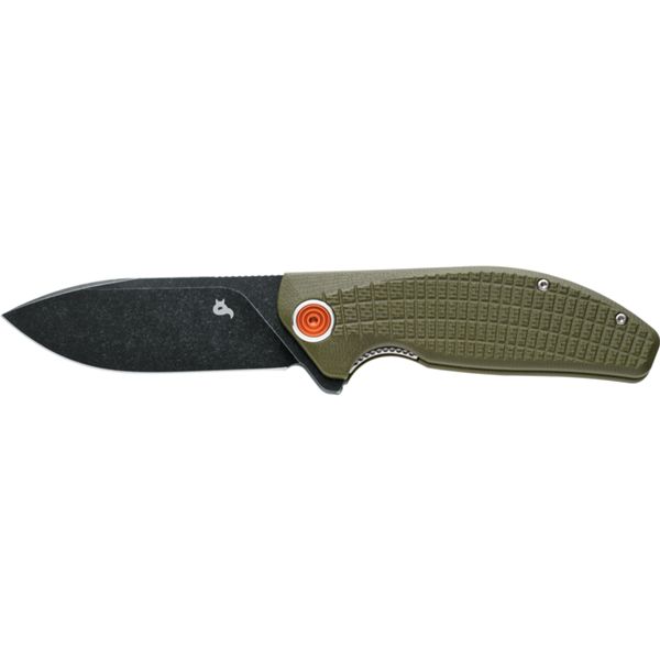 BLACK FOX ACUTUS FOLDING KNIFE, BLACK STONE WASHED BLD STAINLESS STEEL D2, OD GREEN G10 HANDLE - CERAMIC BALL-BEARINGS