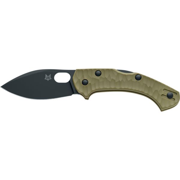 FOX/ANSO ZERO 2.0 DESERT WARRIOR FOLDING KNIFE STEEL BECUT TOP SHIELD BLACK BLADE, OD GREEN FRN HANDLE