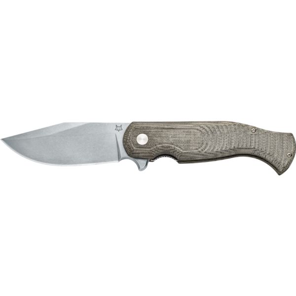 FOX EAST WOOD TIGER FOLD. KNIFE, STEEL D2 bld STONEWASHED, GREEN CANVAS MICARTA hdl