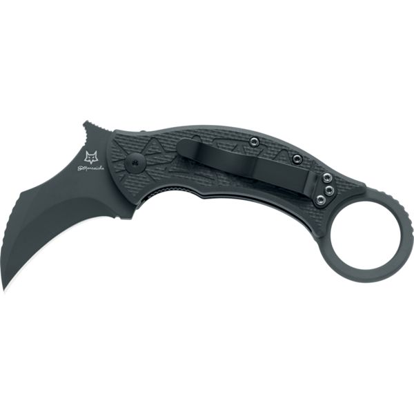 FOX/MARCAIDA FX 802 TRIBAL K KARAMBIT FOLDING KNIFE, N690CO BLACK TOP SHIELD bld., G10 BLACK hdl.