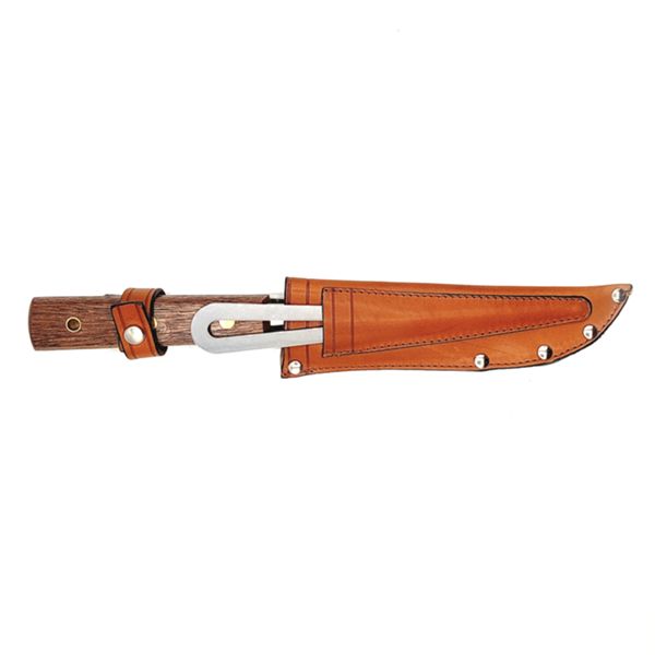 KNIFE BOAT, S/S bld, SAPELLI MAHOGANY WOOD hdl, w/LETHER SHEATH, + MARLIN SPIKE, BULK pkg