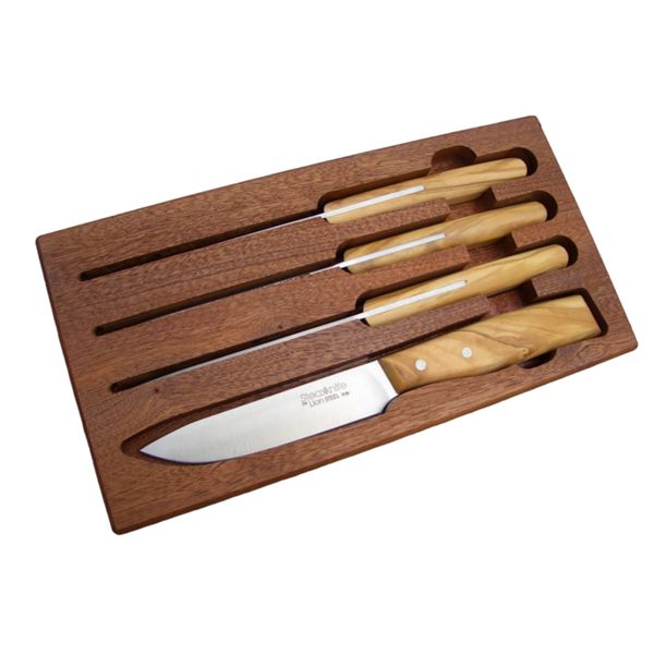 Steak knife, Olive wood hdl, BOX w/four pcs