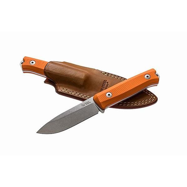 B40 Bushcraft - Fixed bld Sleipner Steel stonewashed, ORANGE G10 hdl, leather sheath