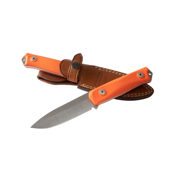 B41 Bushcraft - Fixed bld Sleipner Steel stonewashed, ORANGE G10 hdl, leather sheath