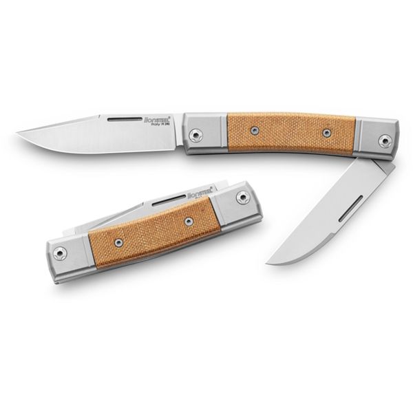 BestMan - TWO M390 blds Clip+Wharncliffe, Natural Canvas hdl, Titanium Bolster & liners