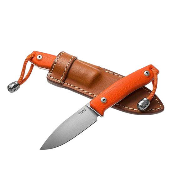 M1 - Fixed knife m390 bld Orange G10 hdl, leather sheath, Ti Pearl