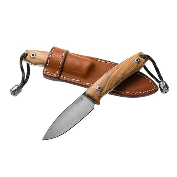 M1 - Fixed knife m390 bld Olive wood hdl, leather sheath, Ti Pearl